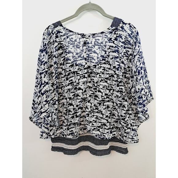 Jessica Simpson New! Blue Sailboat Print Blouse In Size Large Sheer Lined - Picture 2 of 7